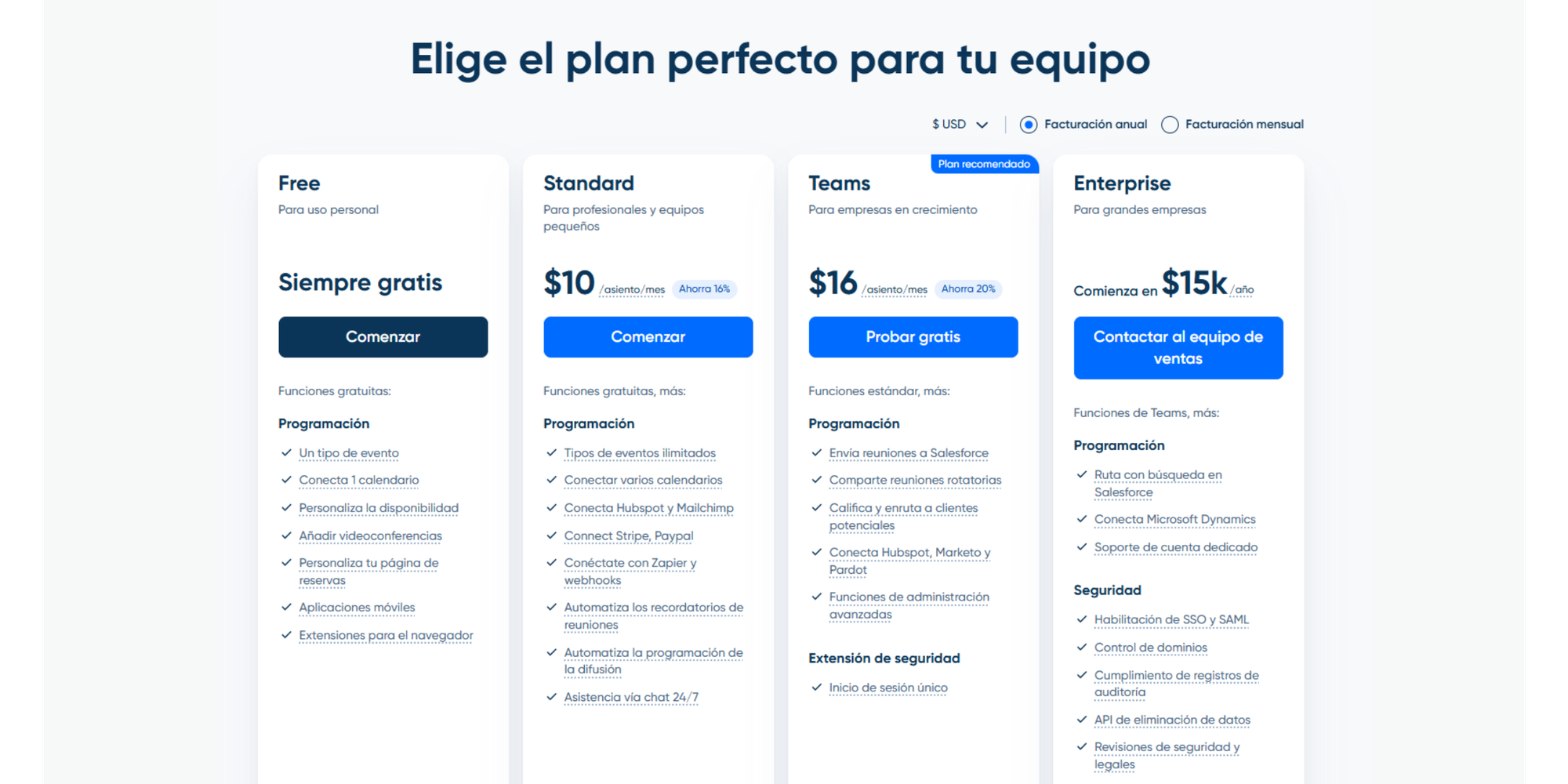 Captura de pantalla de la página de precios de Calendly: plan gratuito vs planes de pago